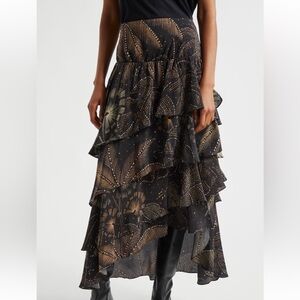 Farm Rio Golden Foliage Ruffled Maxi Skirt